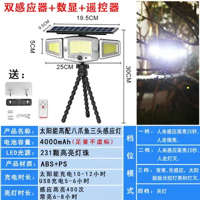 Solar Outdoor Clip-On Three-Head Light with Motion Sensor, Waterproof - 13