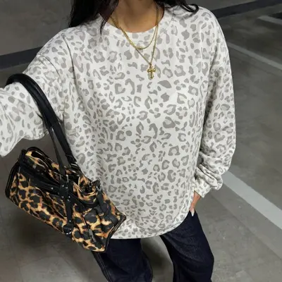 Women's Leopard Print Round Neck Loose Sweatshirt, Autumn Winter