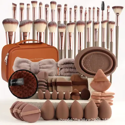 67-Piece Brown Makeup Brush and Powder Puff Set, 30 Brushes