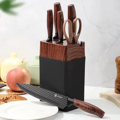 Amazon Edelstahl Küchenmesserset mit Holzmaserung-Beschichtung, 7-teiliges Haushalts-Fleischmesserset, rutschhemmend