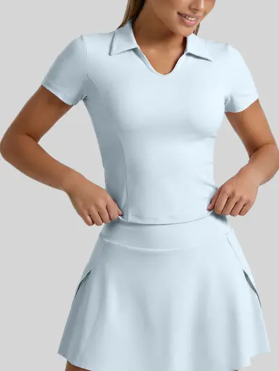 聚衣堂新款翻领运动短袖修身显瘦瑜伽服纯色T恤上衣女
