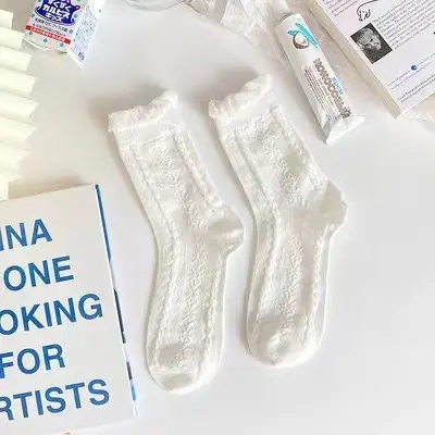 white socks women's socks solid color cotton socks pure white full colored cotton women's socks wholesale mid-calf socks bubble mouth Lolita - 12
