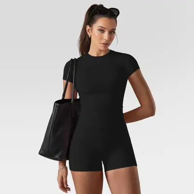 Solid Color Brushed Crew Neck Quick-Dry Yoga Set - 9
