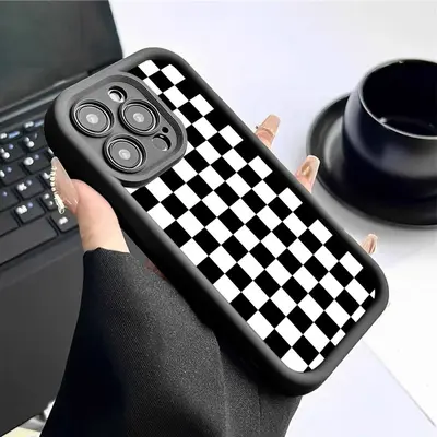 Black and White Checkered Corundum Phone Case for iPhone 15/16/17