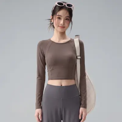 圆领短款瑜伽长袖女固定胸垫透气速干日常健身跑步训练瑜伽服上衣 - 7