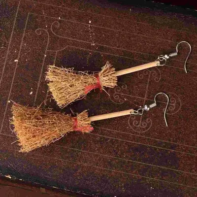 Halloween Broom Pendant Earrings, Ear Clips, Witch Design
