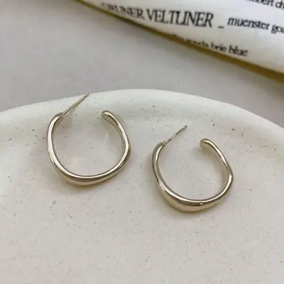 Women's Copper-Plated C-Shaped Irregular Hoop Earrings with Silver Post - 8