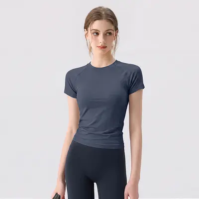 夏季新款透气瑜伽服运动跑步快干短袖修身外穿健身服瑜伽套装女 - 7
