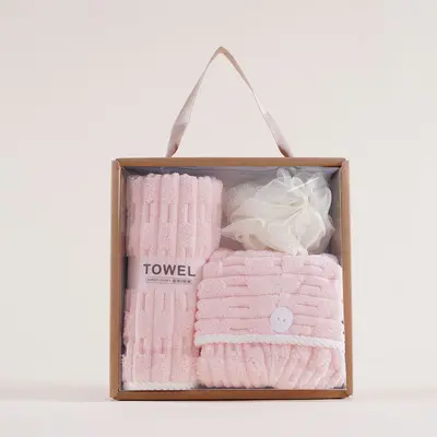 Geschenk-Handtuch-Set mit 3 Teilen, Business-Geschenk, Korallenfleece, weich und saugfähig, Haartrockenhut, Eröffnungsaktivität, Mitbringsel, Werbeartikel