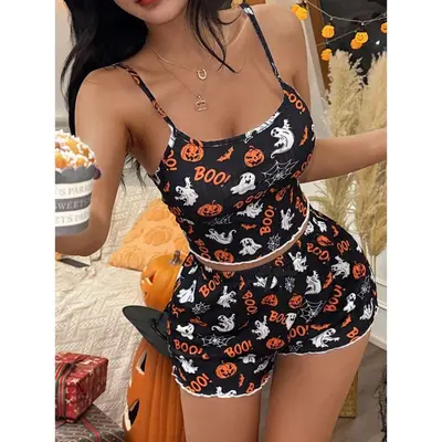 Women's Pumpkin Print Bow Suspender Shorts Set, 2-Piece Homewear