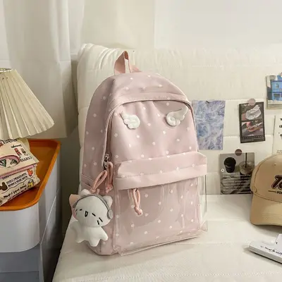 Blue Polka Dot Retro Backpack, Small Capacity, Japanese Style - 12