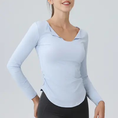 Women's Long-Sleeve V-Neck Yoga Top, High Stretch, Quick-Dry Fabric - 10
