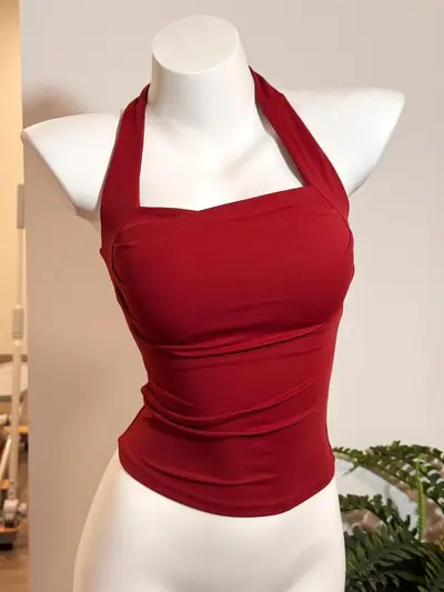 Red Backless Halter Yoga Tank Top, Thin Summer Style with Bra Pads - 3