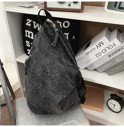 Washed Canvas Backpack, Irregular Niche Design, Denim School Bag for Girls - 7