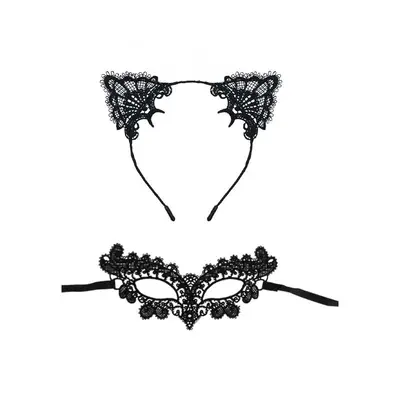 Black Lace Half Face Mask and Cat Ear Headband Set