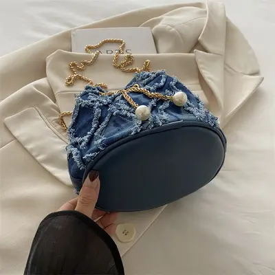 Women's Denim Chain Bucket Bag, Single-Shoulder Crossbody - 3