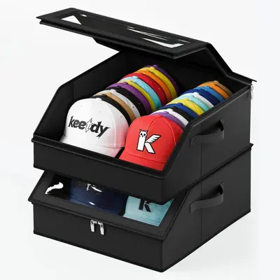 Foldable Hat Storage Box with Zipper, Dustproof, Window, Stackable