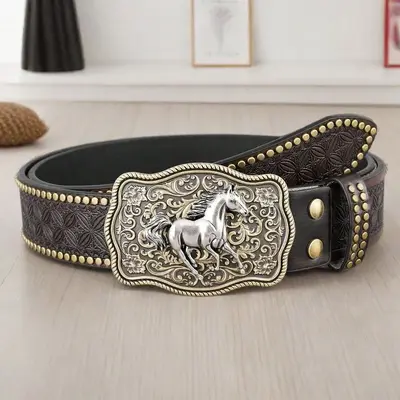 Western cowboy belt, youth punk style embossed men's studded leather belt, wholesale ethnic style belt in stock. - 9