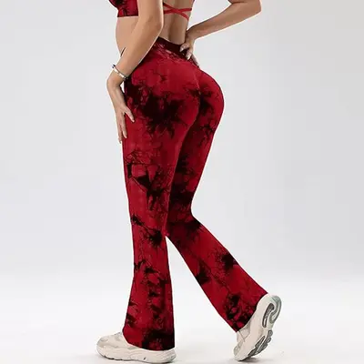 Hochbund-Yoga-Hose mit breitem Bein, elastisch, Batik-Design - 10