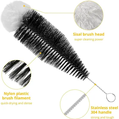 Bottle and Cup Brush, Coconut Palm Fiber, Stainless Steel Wire, Rust-Free - 12