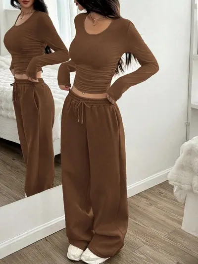 Women's Long-Sleeve Two-Piece Set with Wide-Leg Pants, Autumn Winter