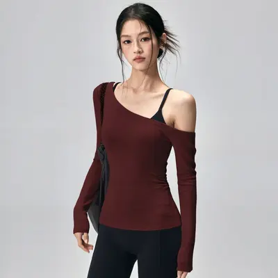 Yoga T-shirt kadın, uzun kollu, dar kesim, çapraz omuz - 11