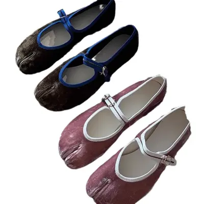 Genuine Suede Korean-Style Pig-Paw Toe-Post Ballet Flats, Mary Jane for Women