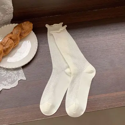 Women's Milky White Shalwar Socks, Thin Summer Lace Loafer Socks, Mid-Calf - 9