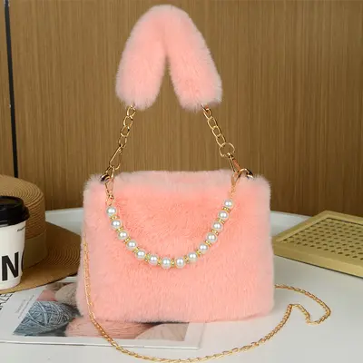 Rabbit Fur Plush Pearl Handbag with Chain Strap - 3