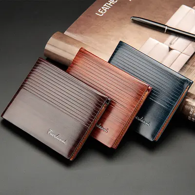 Men's Short Embossed Wallet, Horizontal Slim Leather Design - 1