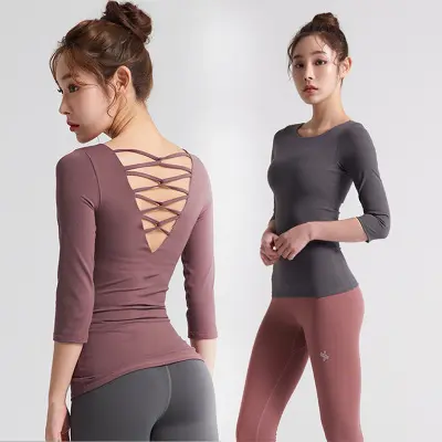 瑜伽服女秋冬长袖运动上衣紧身美背修身显瘦无钢圈健身服一件代发