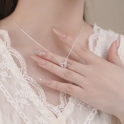 S999 sterling silver butterfly bow necklace, delicate design