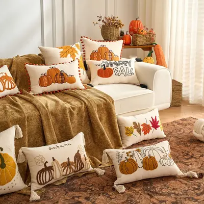 Beliebte Temu Grenzüberschreitung PC Herbst Ahornblatt Kürbis gemusterter Kissenbezug Thanksgiving Dekoration Wohnzimmer Sofa Sitzkissen Bezug - 1