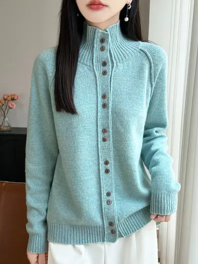 Women's Thickened 100% Pure Wool Knitted Cardigan, New Autumn/Winter Style, Seven-Needle Double-Strand Stand Collar Open-Front Long Sleeve Patterned Yarn Outerwear Sweater