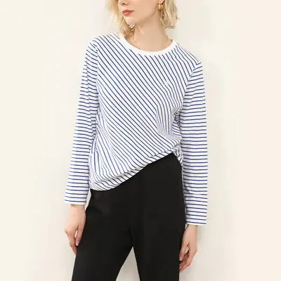 Women's Long-Sleeve Striped Navy Style Crew Neck Basic T-Shirt - 7