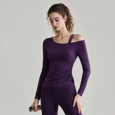 Women's Long-Sleeve Asymmetric Shoulder Yoga Top with Built-in Pads, Pilates Fitness Wear - 10