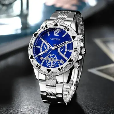 Men's wristwatch, steel strap, quartz, large dial - 10