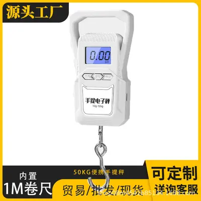 Portable electronic scale with built-in tape measure and hook