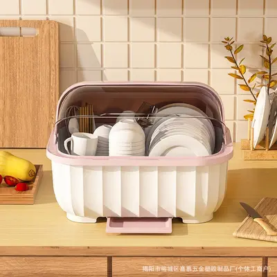 Tableware Storage Box with Lid, Draining Rack