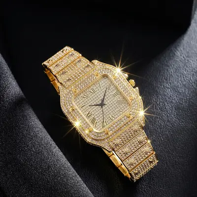 Men's watch, square diamond-studded, steel band, quartz - 7