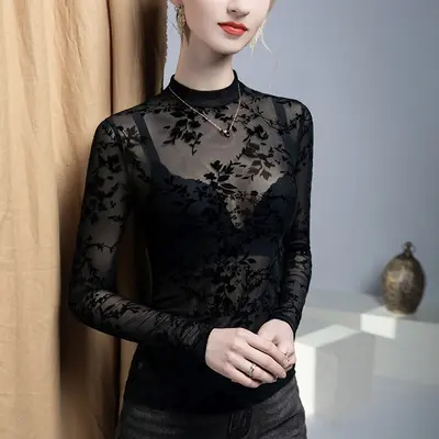Sexy Damen-Spitzenbluse mit Stehkragen, transparenter Netzstoff, schmal geschnitten