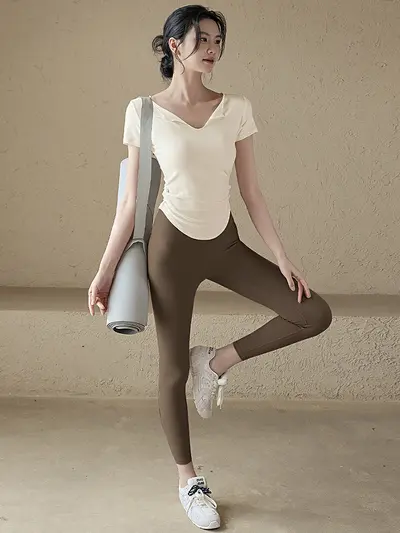 简约纯色 V 领瑜伽上衣紧身健身服无痕高腰瑜伽裤健身运动套装女 - 6
