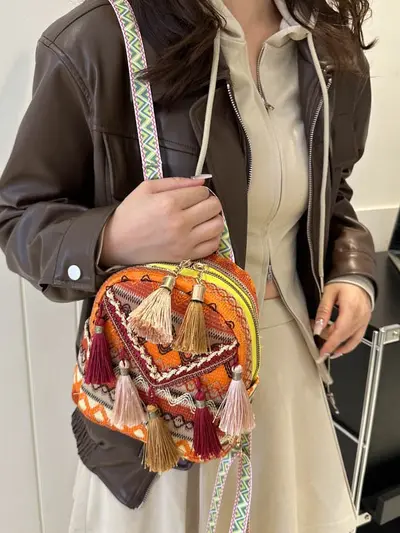 Women's Lightweight Backpack, Ethnic Tassel Design, Small Travel Size - 5