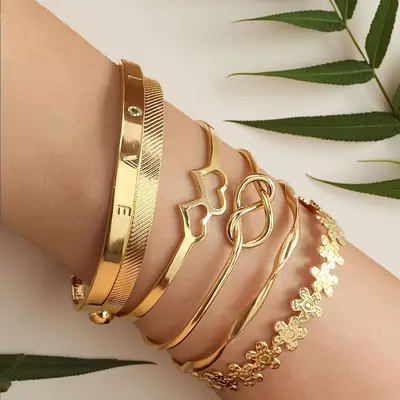 Embossed Geometric Multi-Layer Bracelet Set, 10 Pieces - 12