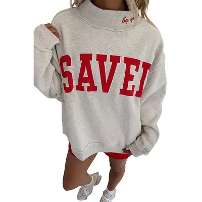 Women's Half Turtleneck Sweatshirt, Letter Embroidered Loose Fit - 7