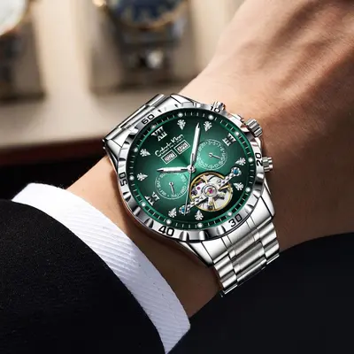 Erkek mekanik saati tourbillon, multifunksiyonel, su geçirmez
