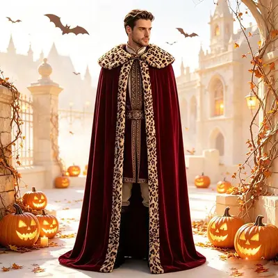 Unisex uzun yeşil pelerin, kadife leopar desenli, cadılar bayramı ve cosplay