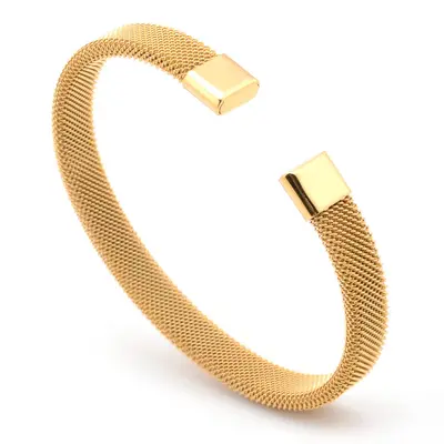 Cross-border European and American lightweight luxury stainless steel C-shaped mesh elastic open bangle bracelet, unisex, adjustable size - 7