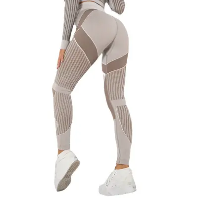 Dikişsiz örme çizgili yoga pantolonu kadın, nem emici spor taytı - 5