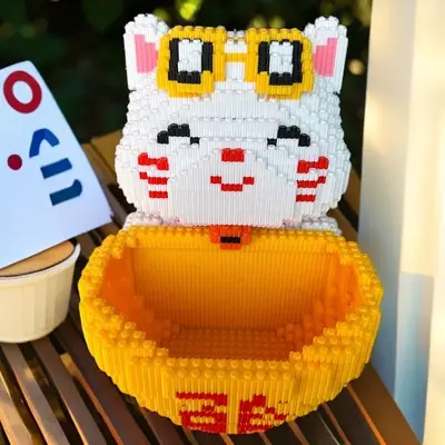 中国风财神爷摆件招财猫存钱罐积木diy益智儿童拼装玩具